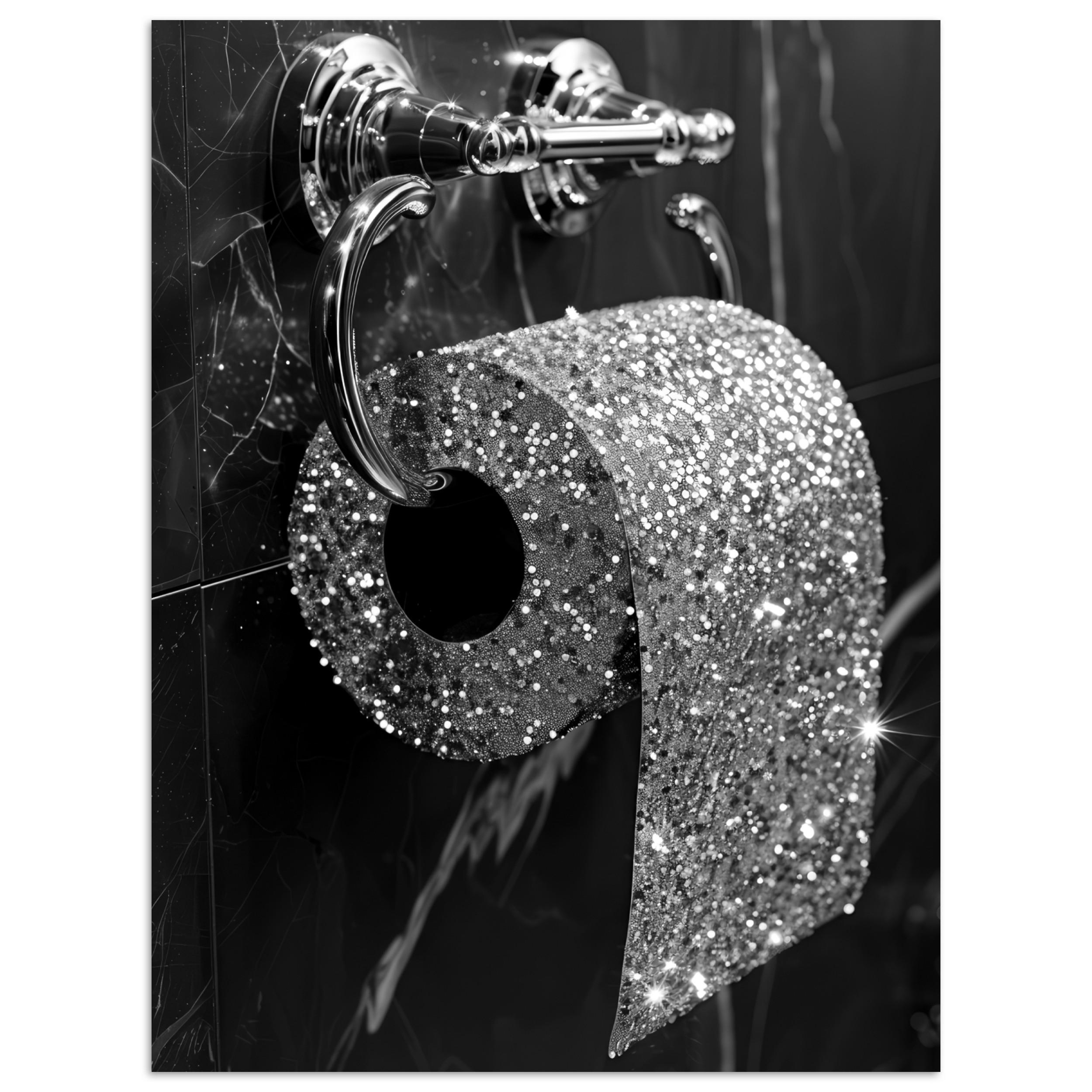 POSTER WC - Toilettenpapier - Schwarz und weiß - Glitter Deko Wohnzimmer 60x80 cm - Silberfarben, Papier (60/80/0.1cm) - MuchoWow