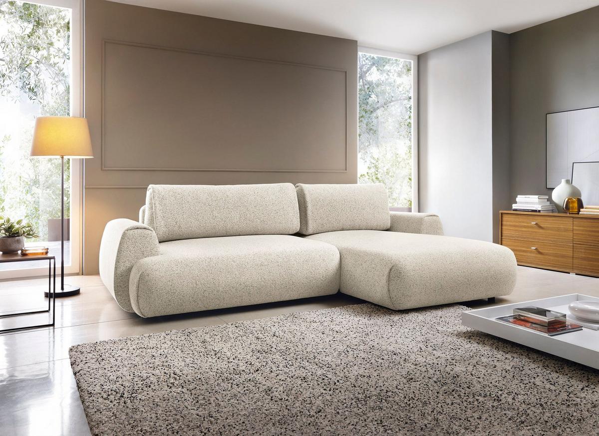ECKSOFA ZEST Creme Geflochtener Stoff mit Schlaffunktion - Creme, Holz (270/167cm) - MASSENO
