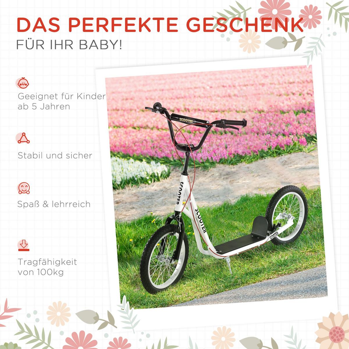 TRETROLLER Scooter Cityroller Kinder Luftreifen Roller verstellbar Alu Weiß - Weiß, Metall (139/58/96cm) - HOMCOM