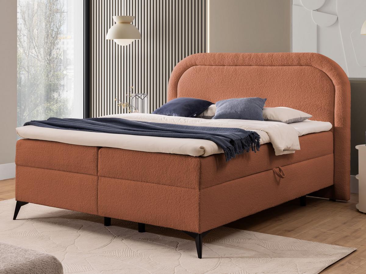 BOXBETT Sonna 140/200 cm Terrakotta Bouclé-Stoff mit abgerundetem Kopfteil und mit schwarzen Metallfüße - Terracotta/Schwarz, Holz/Textil (140/200cm) - S-Style Möbel