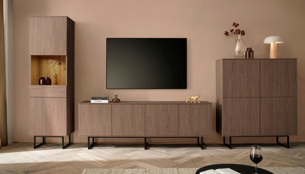 WOHNWAND in Nussbaum 3-teilig 400 cm, Wohnkombination mit Push-to-Open - Nussbaumfarben/Schwarz, Glas/Holzwerkstoff (400/200/40cm) - Furn.Design