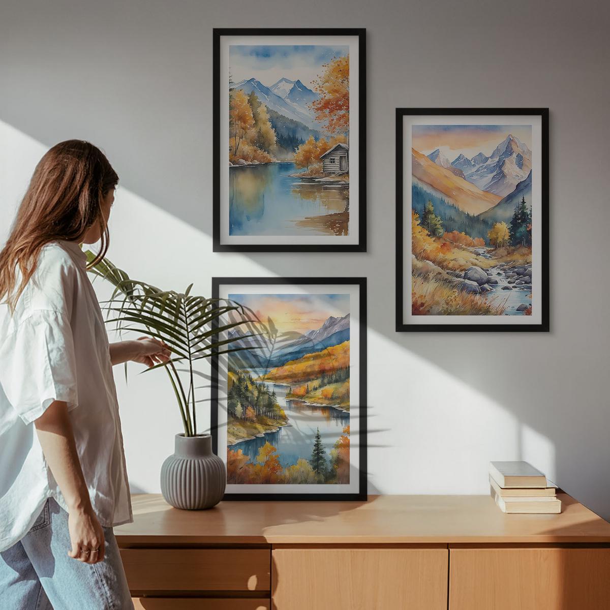 BILDER SET 3er Set - 40x60 cm Schwarzer Rahmen - Berglandschaft, Fluss, Herbst - Schwarz, Kunststoff (40/60cm) - TULUP