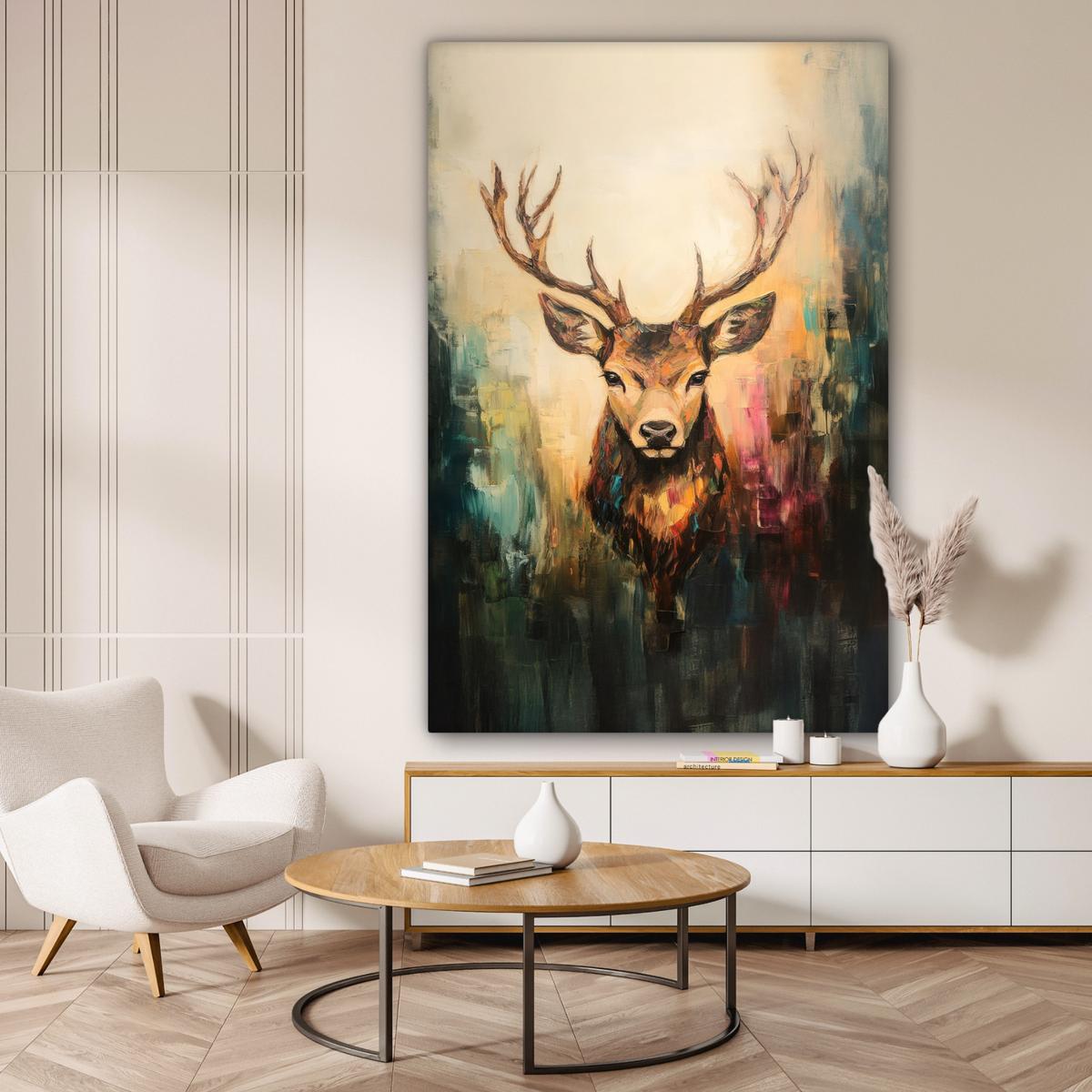 LEINWANDBILD Hirsch - Gemalt - Geweih - Braun Deko Groß 90x140 cm - Haselnussfarben, Textil (90/140cm) - MuchoWow