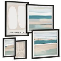 BILDER SET 5er Set - 50x50 cm & 20x30 cm & 40x60 cm Schwarzer Rahmen - Abstrakte blaue Landschaften - Schwarz, Kunststoff (40/60cm) - TULUP