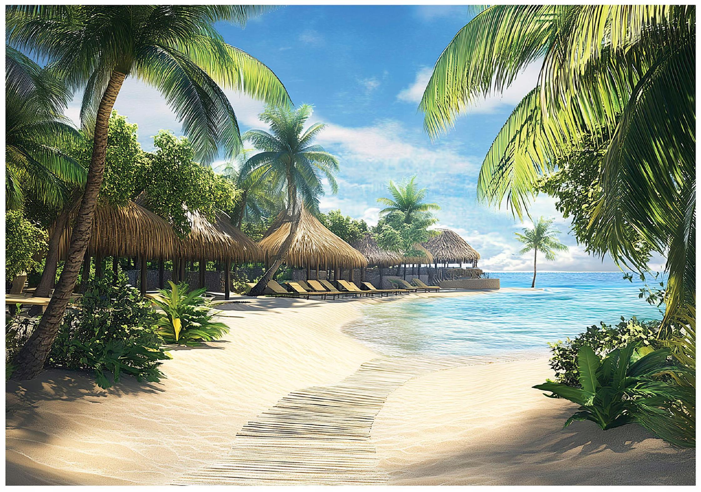 FFOTOTAPETE 3D Effekt Strand Palmen Meer 250x175 - Multicolor, Papier (250/175cm) - Wallarena