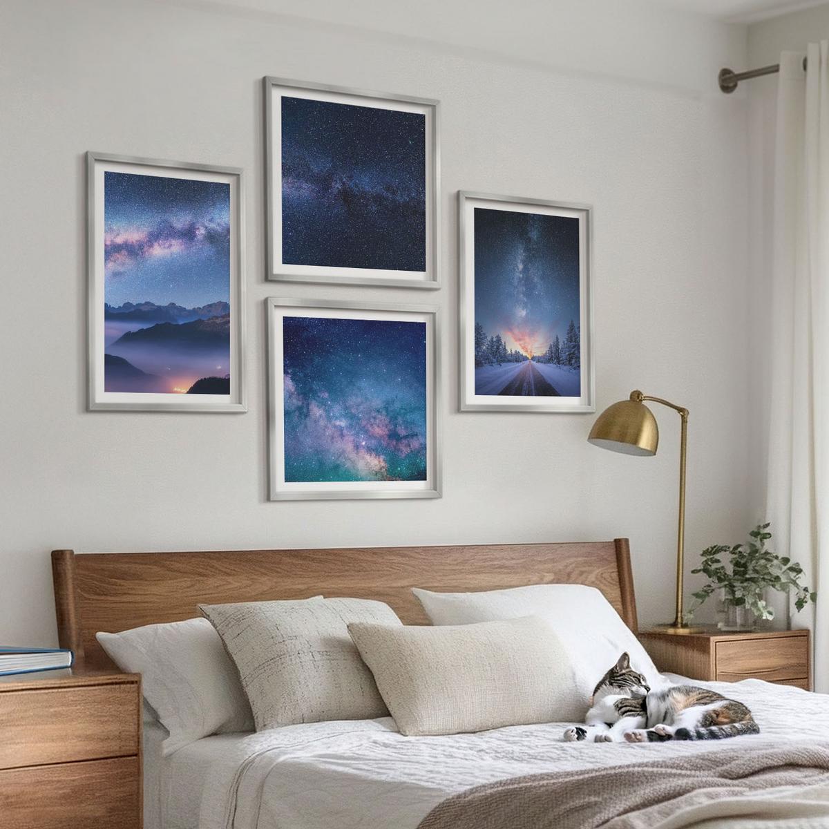 BILDER SET 4er Set - 50x50 cm & 40x60 cm Silberner Rahmen - Nachthimmel, Berge, Winter, Weltraum - Silberfarben, Kunststoff (50/50cm) - TULUP