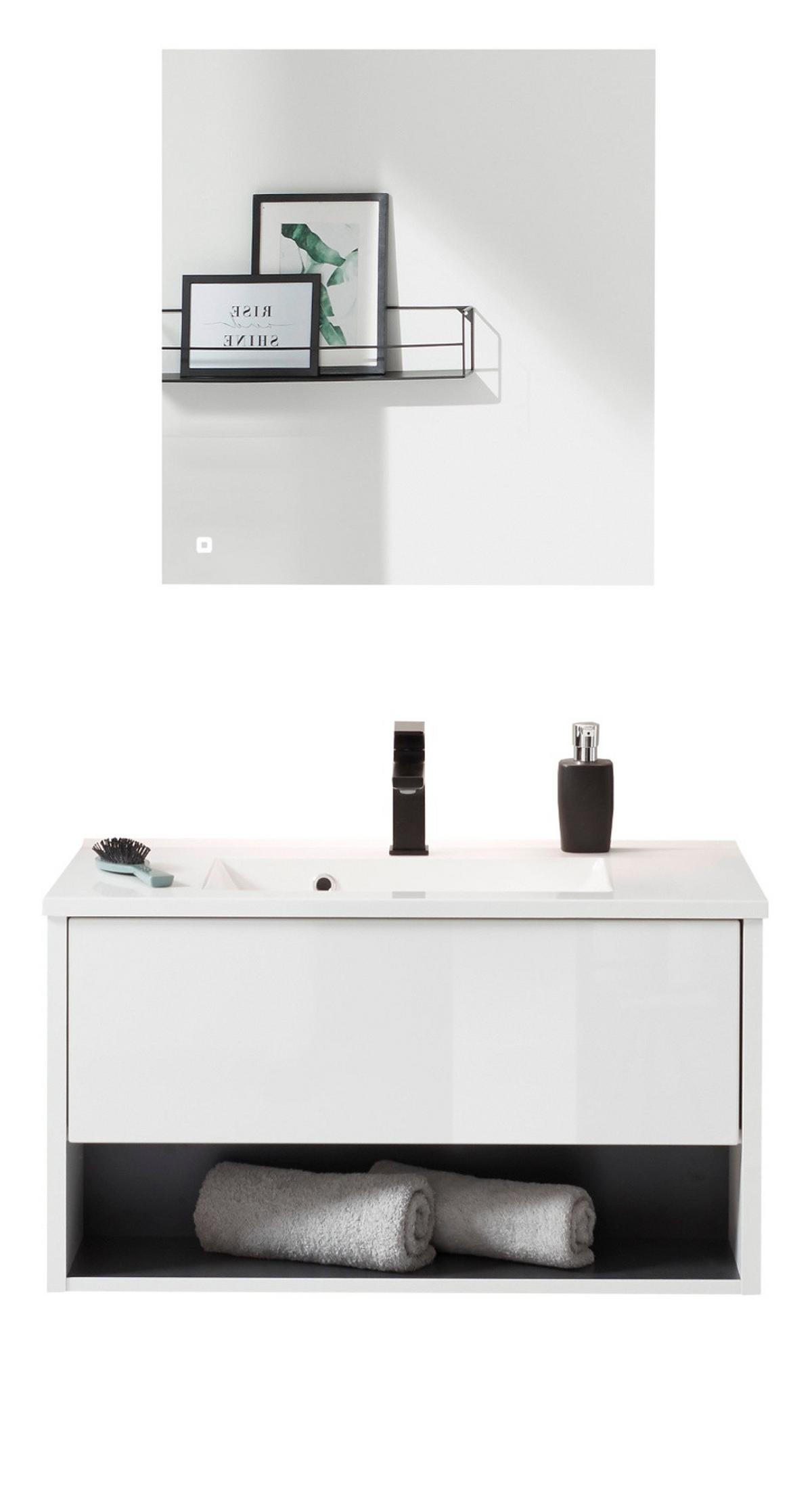BADMÖBEL-SET weiß Hochglanz, grau, Badezimmerschränke mit Waschbecken und LED Beleuchtung 80 cm - Weiß Hochglanz/Grau, Glas/Holzwerkstoff (80/190/47cm) - Furn.Design
