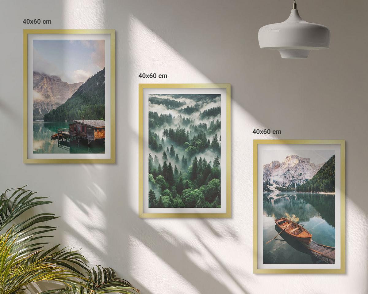 BILDER SET 3er Set - 40x60 cm Goldrahmen - Bergsee, Boot, Waldnebel - Goldfarben, Kunststoff (40/60cm) - TULUP