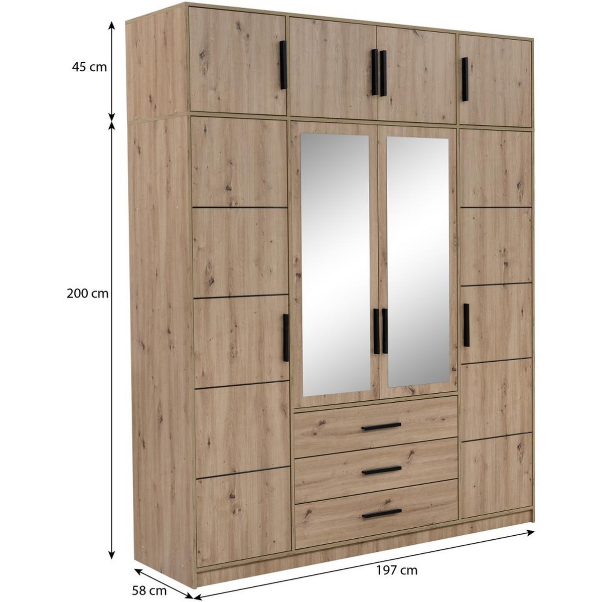 DREHTÜRENSCHRANK Kavo mit Aufsatz, Spiegel und 4 Türen, eiche Artisan - Schwarz/Eiche Artisan, Holzwerkstoff (200/245/58cm) - Beautysofa