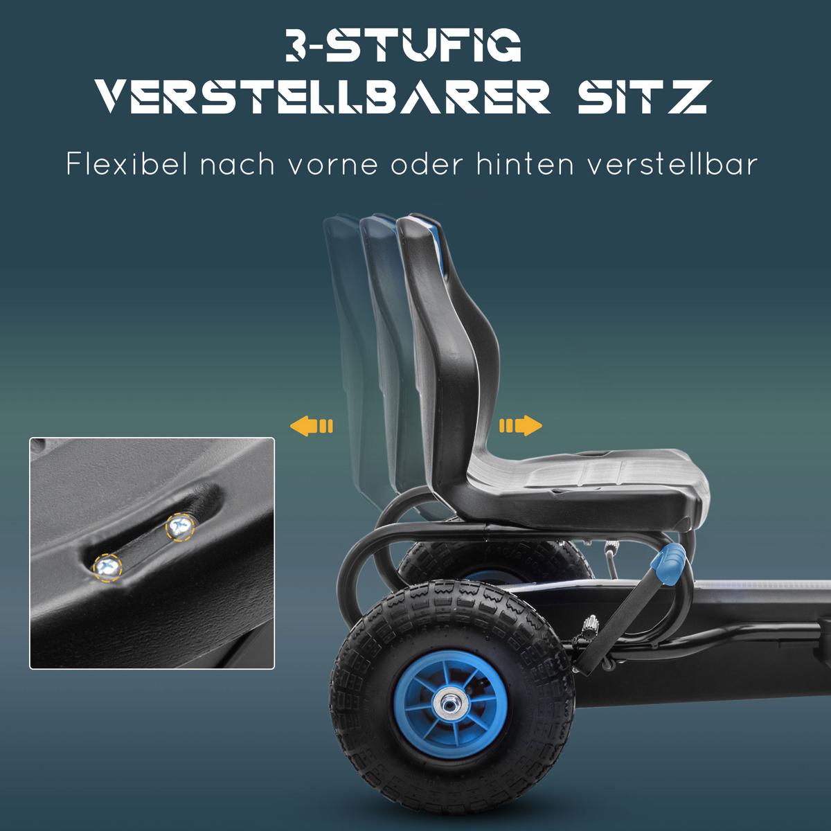 GOKART, Kinderfahrzeug mit verstellbarem Schalensitz, Tretauto, Grün+Schwarz - Blau, Metall (121/58/61cm) - HOMCOM