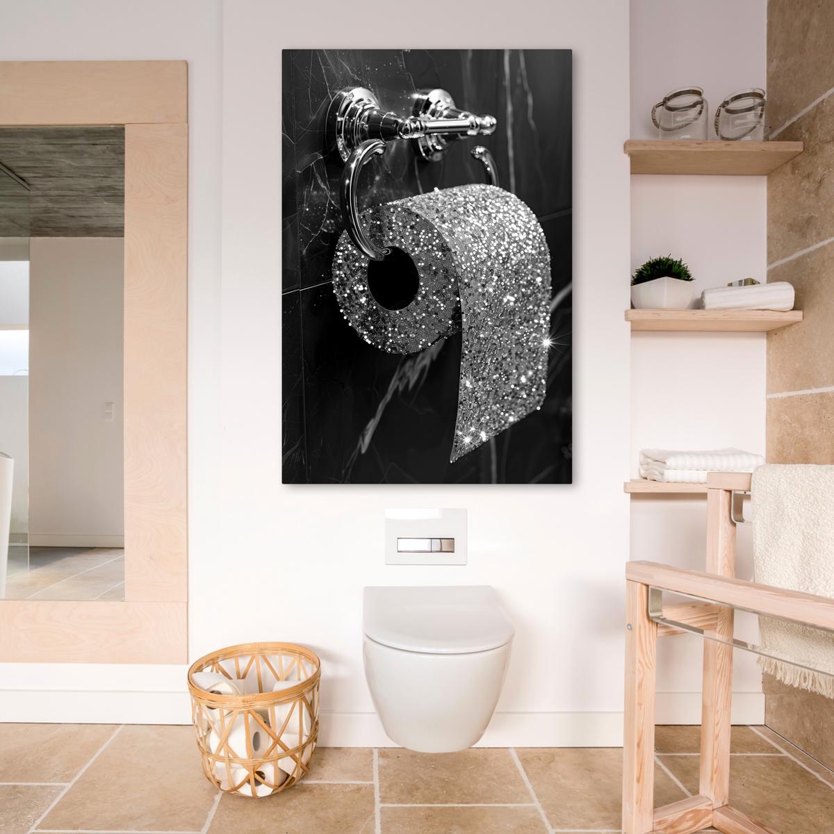 LEINWANDBILD WC - Toilettenpapier - Schwarz und weiß - Glitter Deko XXL 80x120 cm - Silberfarben, Textil (80/120cm) - MuchoWow