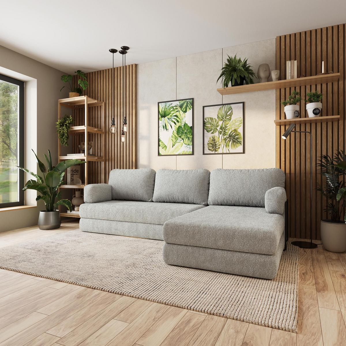 ECKSOFA LEA modulares Boneless Sofa mit Schlaffunktion Hellgrau Boucle-Stoff - Hellgrau, Textil (270/160cm) - MASSENO