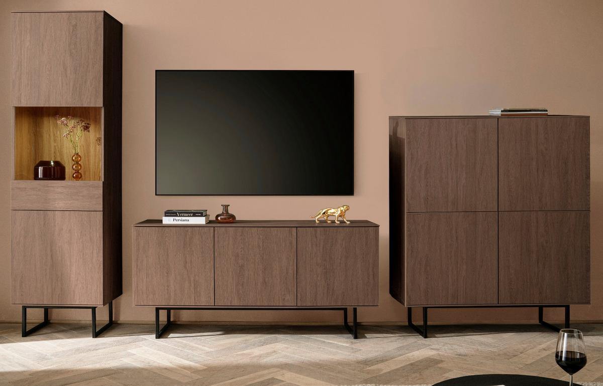 WOHNWAND in Nussbaum 3-teilig 353 cm, Komplett-Set mit Push-to-Open - Nussbaumfarben/Schwarz, Holzwerkstoff/Metall (353/200/40cm) - Furn.Design