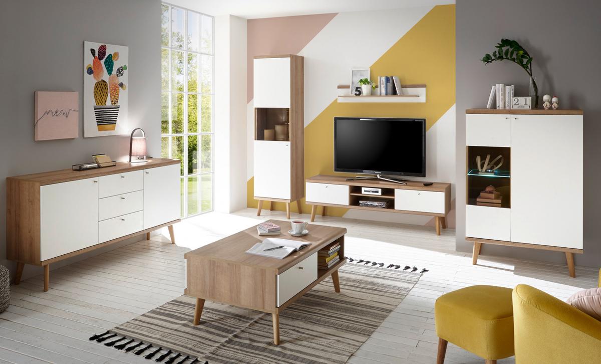 HIGHBOARD weiß Eiche Riviera, Vitrine skandinavisch 90 x 134 cm - Eichefarben/Weiß, Holz/Holzwerkstoff (90/134/40cm) - Furn.Design