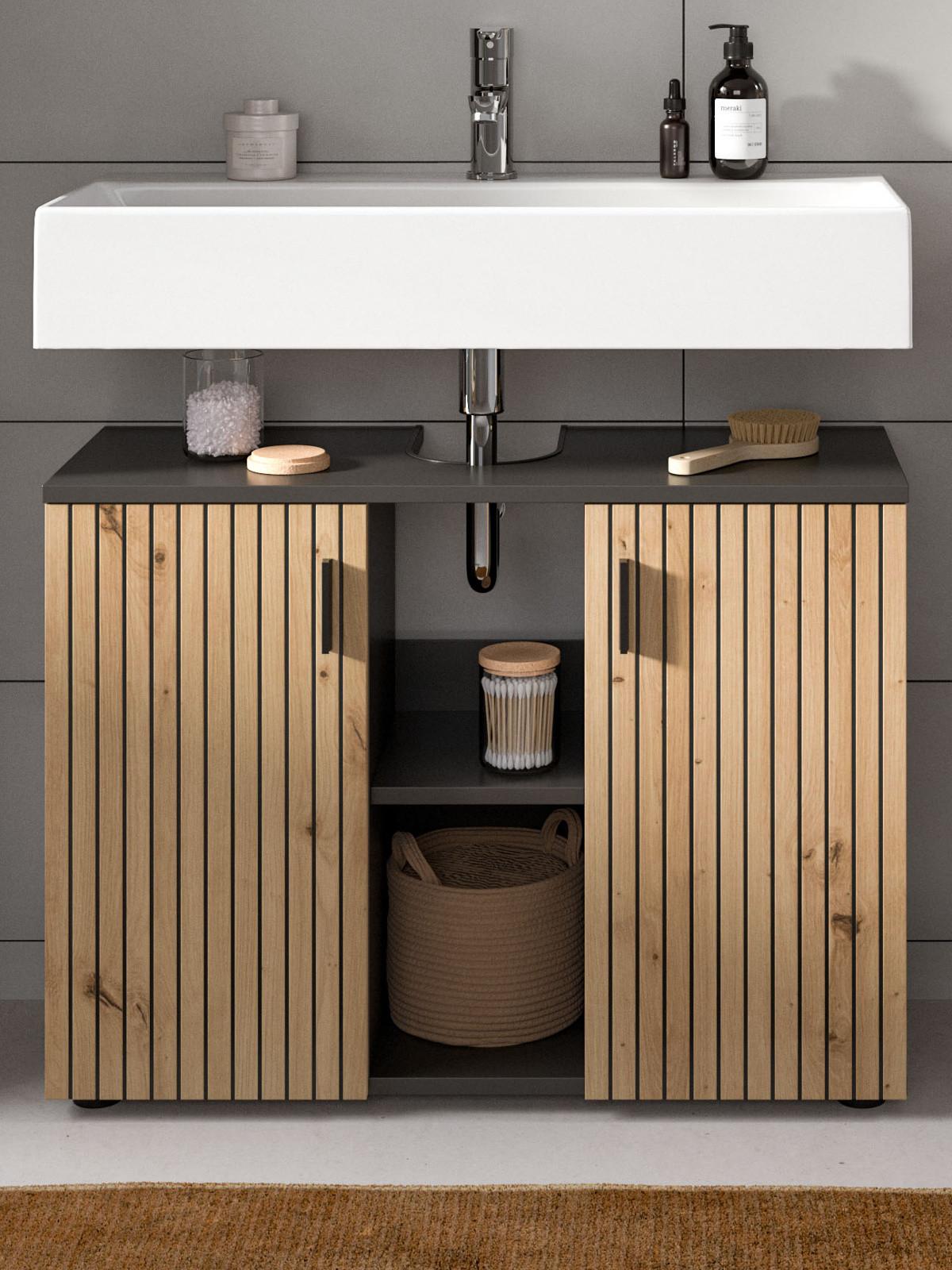 WASCHBECKENUNTERSCHRANK Eiche Artisan, grau 80 cm, Bad Unterschrank mit 6 Fächern, Leistenoptik - Schwarz/Eiche Artisan, Holzwerkstoff/Kunststoff (80/59/30cm) - Inn.Furn