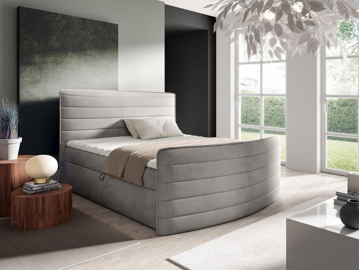 BOXBETT Ambra In Elisa Velvet - Hellgrau, Holzwerkstoff/Textil (140/200cm) - Fun Möbel
