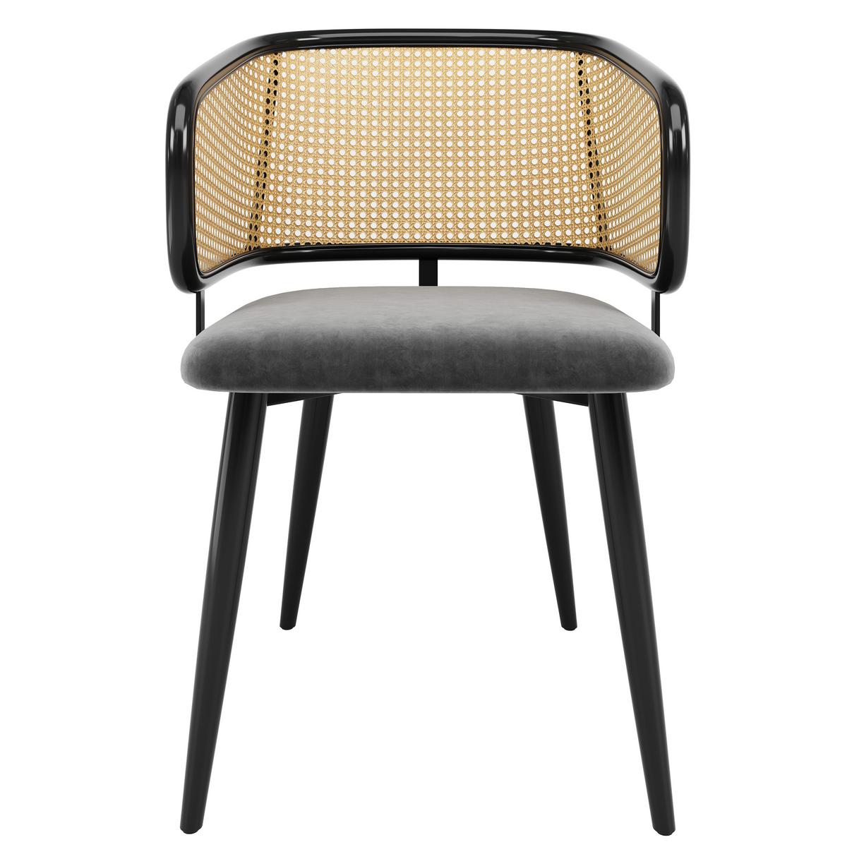 ESSZIMMERSTÜHLE 2er Set Rattan Rückenlehne & Samtsitz - Schwarz/Grau, Leder/Textil (47/79/47cm) - Urban Meuble