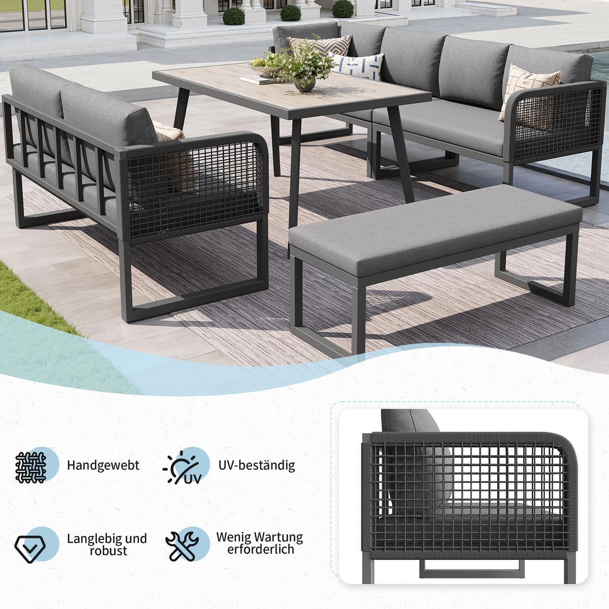 LOUNGEGARNITUR 6-tlg. PE-Rattan Grau Ecksofa mit Tisch & Bank für Terrasse - Grau, Textil - Urban Meuble
