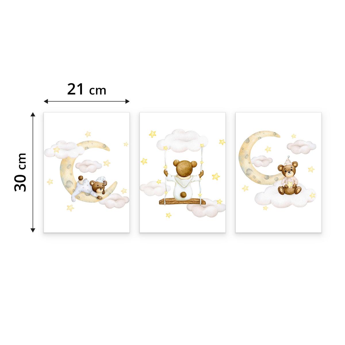 POSTER SET für Kinderzimmer Teddybären Monde Wolken Sterne 3x Poster A4 21x30cm - Gelb/Beige, Papier (21/30/1cm) - Muralo