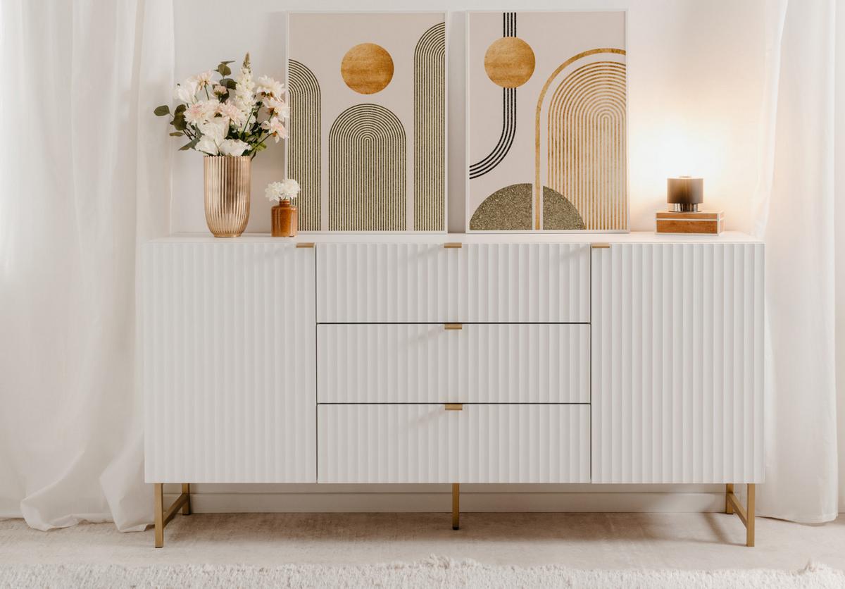 SIDEBOARD weiß, Gold 179 cm, Kommode mit Soft-Close und 3D-Struktur - Goldfarben/Weiß, Holzwerkstoff/Metall (179/90/41cm) - Furn.Design