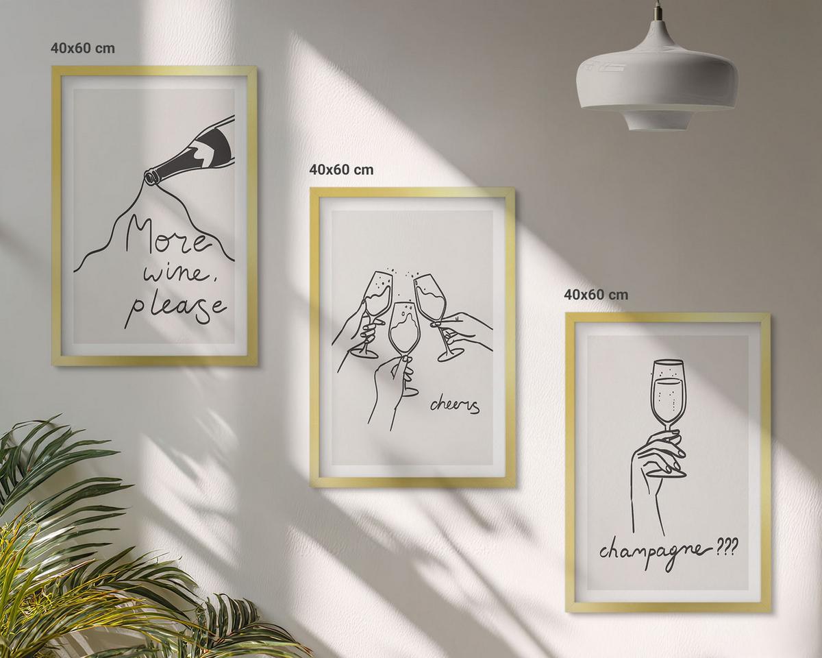 BILDER SET 3er Set - 40x60 cm Goldrahmen - Champagner-Wein-Linienzeichnung - Goldfarben, Kunststoff (40/60cm) - TULUP