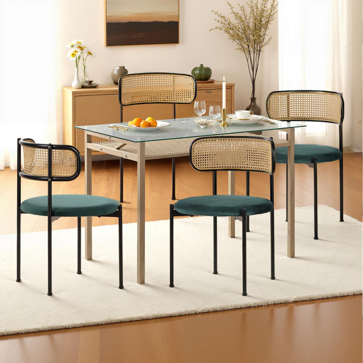ESSTISCH SET mit Esstisch aus Glas und 4 Rattan stühle - Grün, Glas/Textil (110/74/65cm) - Urban Meuble