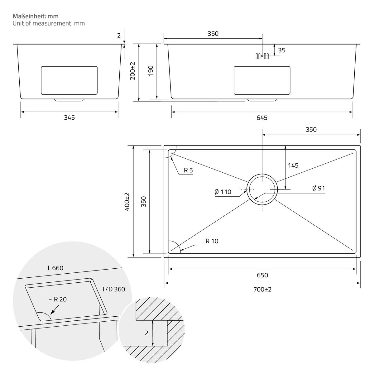 SPÜLBECKEN aus Edelstahl 70x40 cm mit Siphon - Silberfarben, Metall (70/20/40cm) - ML-DESIGN