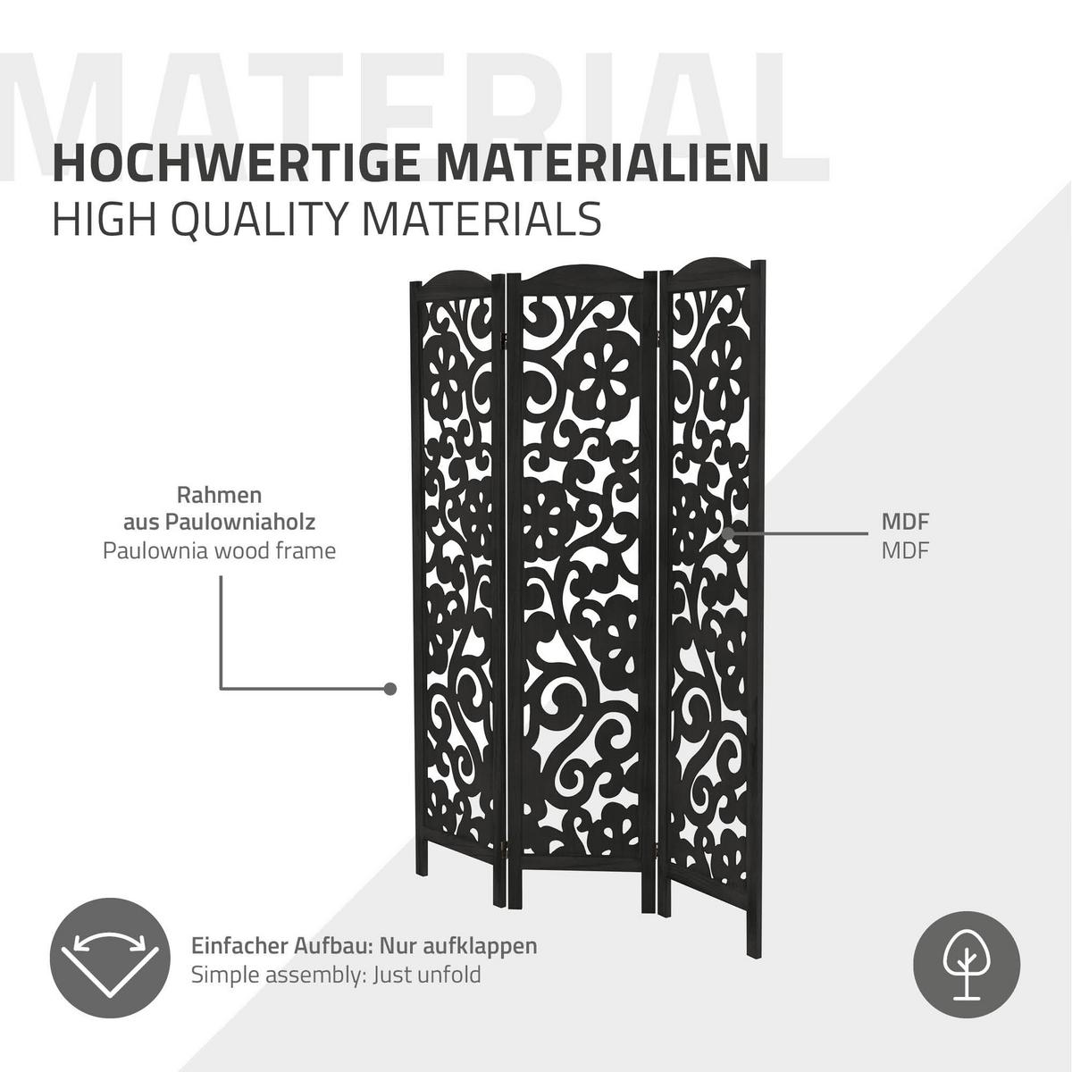 PARAVENT 3 teilig Yokohama 172x121 cm Schwarz aus Holz - Schwarz, Holz (121/172/2cm) - ML-DESIGN