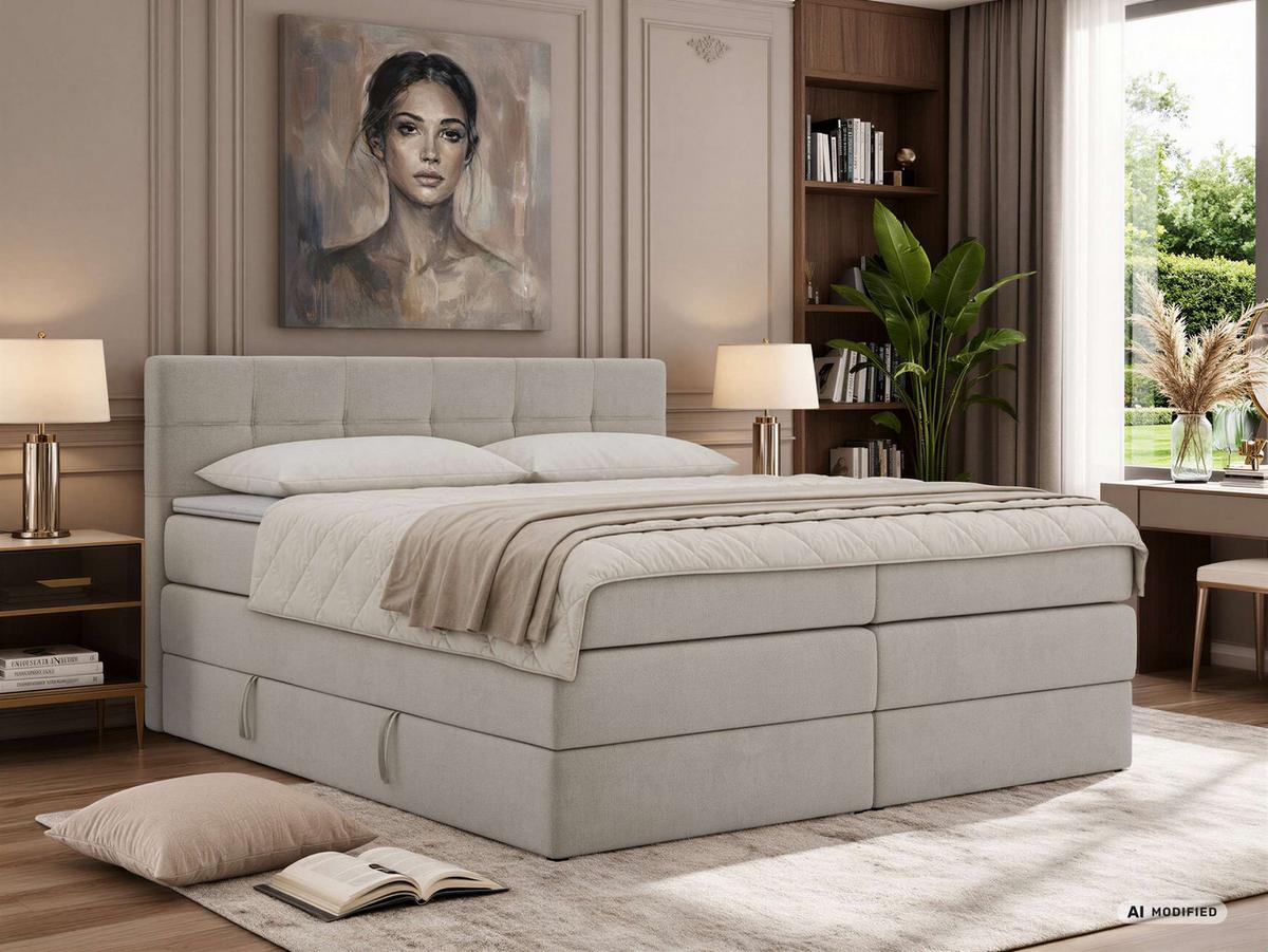 BOXSPRINGBETT SOLVEN KING 140/200 - Hellgrau Jersey - Topper Visco - H4 - Hellgrau/Schwarz, Kunststoff/Textil (140/200cm) - MKS