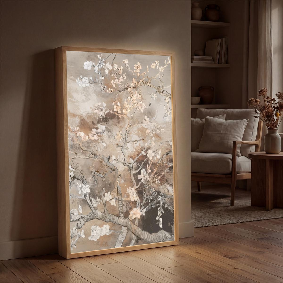 WANDLEUCHTE MIT AKKU Mandelblüte - Kunst - Van Gogh - Beige - Abstrakt 60x90 cm - Graubraun, Holzwerkstoff (60/90/8cm) - OnlyWow