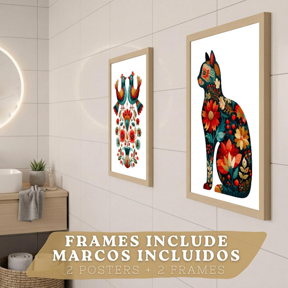 POSTER 2er-Set dekorative Badezimmer-Kunstdrucke, im Stil der Volkskunst, Toilette mit Vögeln und elegantem Blumen-Katzen Leichter Holzrahmen A3 - Beige, Papier (42/29.7/3cm) - Nacnic