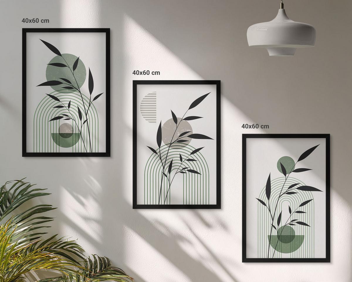 BILDER SET 3er Set - 40x60 cm Schwarzer Rahmen - Boho-Pflanzenkompositionen - Schwarz, Kunststoff (40/60cm) - TULUP
