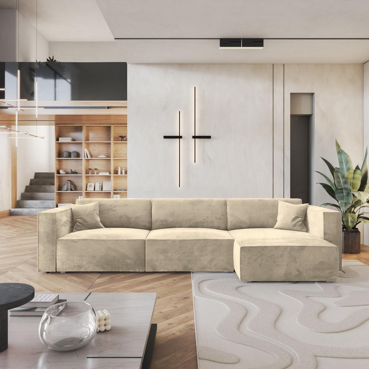 ECKSOFA TOLMO M Creme Velours-Stoff mit Schlaffunktion - Creme/Grau, Holz/Kunststoff (347/148cm) - MASSENO