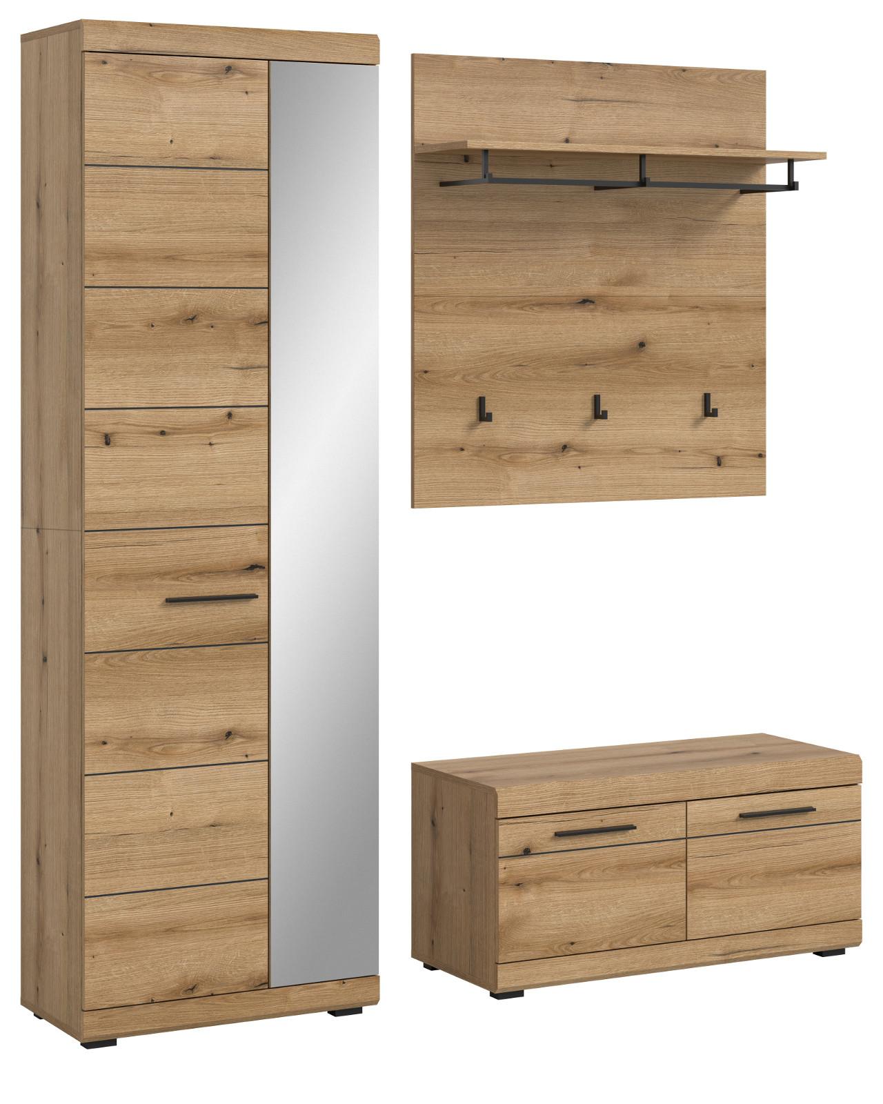 GARDEROBE Set 3-teilig Evoke Eiche 167 cm, Flurmöbel mit viel Stauraum - Eichefarben/Schwarz, Glas/Holzwerkstoff (167/197/40cm) - Inn.Furn