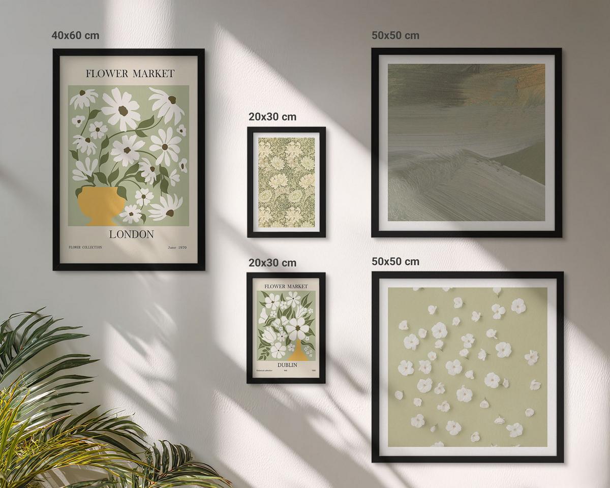 BILDER SET 5er Set - 50x50 cm & 20x30 cm & 40x60 cm Schwarzer Rahmen - Florale Abstraktionen im Boho-Stil - Schwarz, Kunststoff (40/60cm) - TULUP