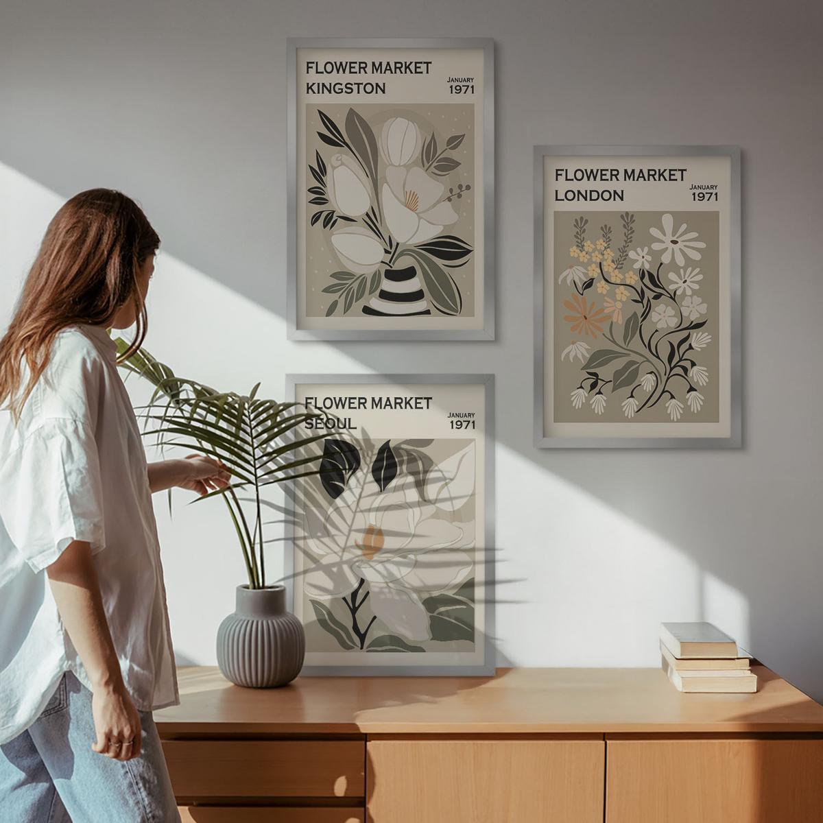 BILDER SET 3er Set - 40x60 cm Silberner Rahmen - Retro-Blumen aus Städten rund um die Welt - Silberfarben, Kunststoff (40/60cm) - TULUP