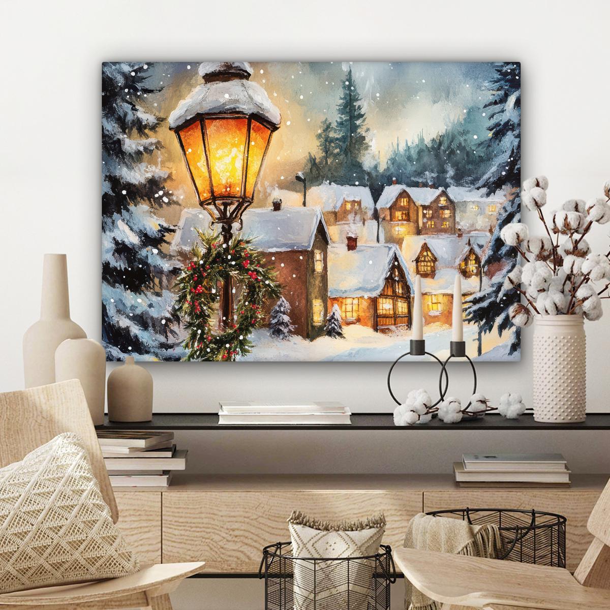 LEINWANDBILD Weihnachtsdorf - Häuser - Schnee - Weihnachten Wandbilder 80x60 cm - Sandfarben, Textil (80/60cm) - MuchoWow