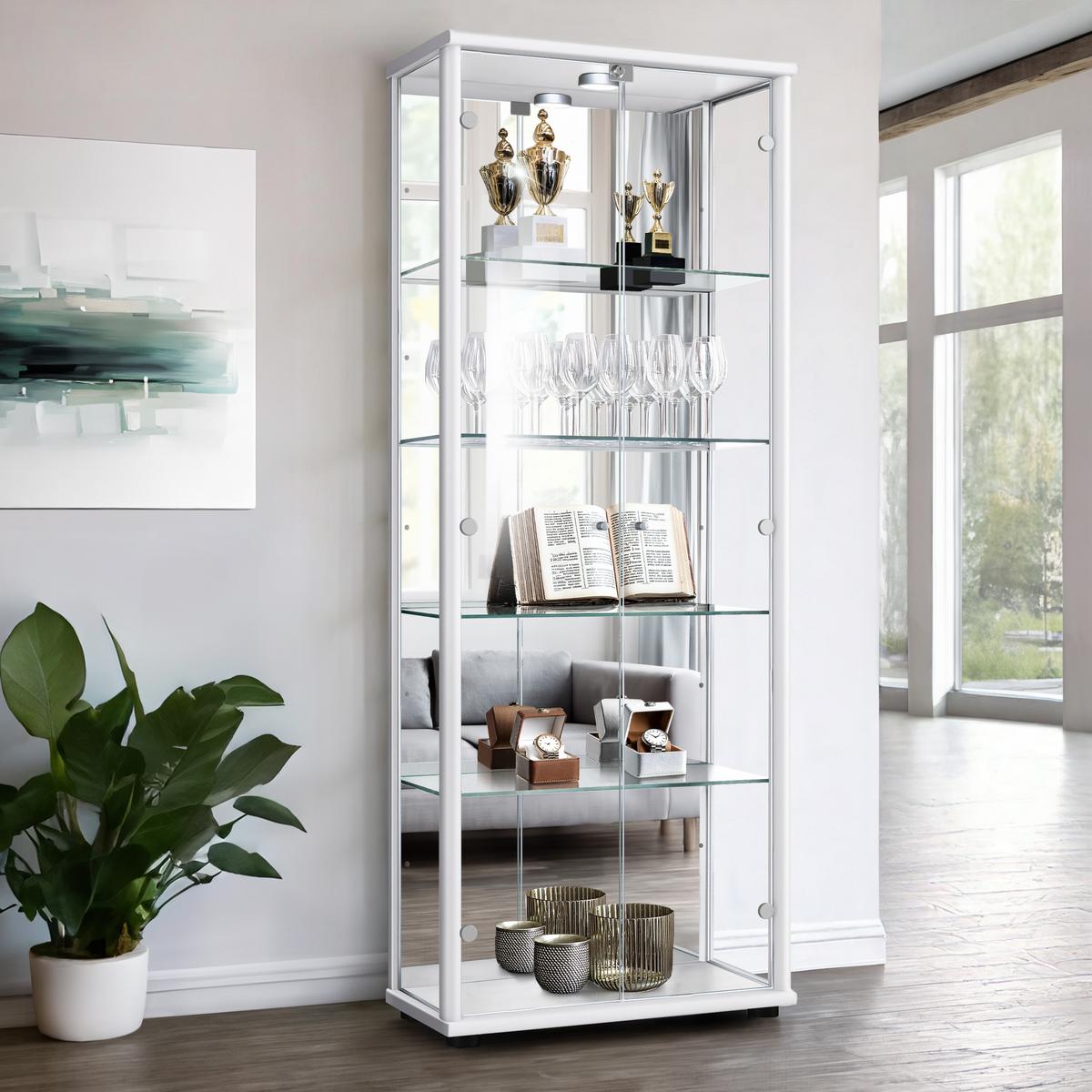 VITRINE 33/67/176 cm mit Spiegel, LED, Schloss & 4 höhenverstellbaren Glasböden - Transparent/Silberfarben, Glas/Holzwerkstoff (67/176/33cm) - K-Möbel