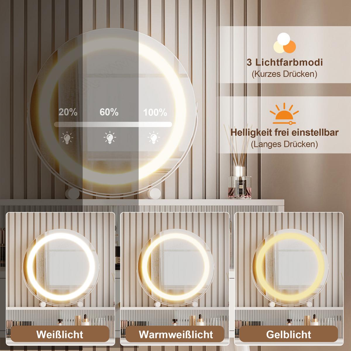 SCHMINKTISCH Weiß mit LED-Spiegel, Ladestation & Glasplatte - Weiß, Holzwerkstoff (140/140/40cm) - Urban Meuble