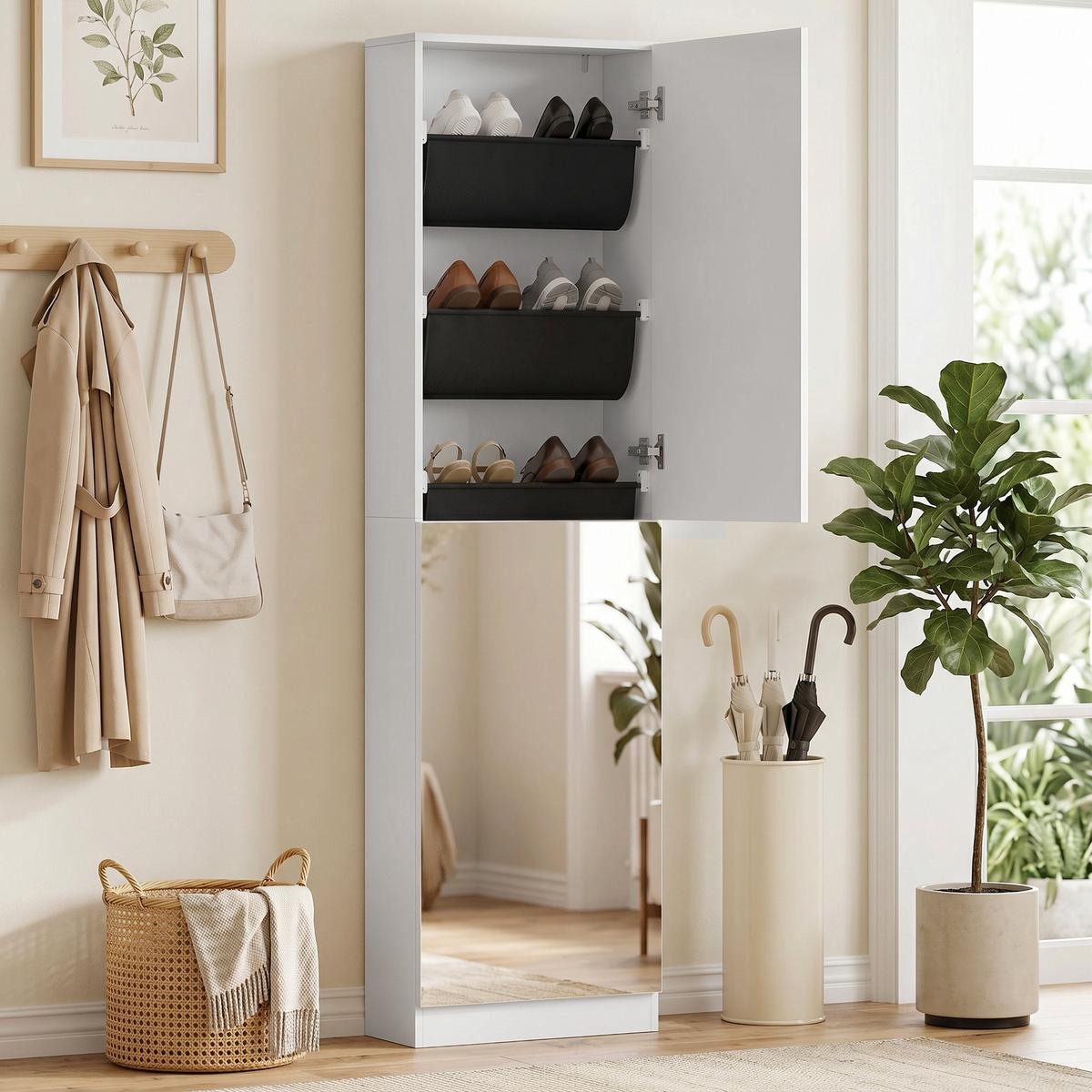 SCHUHSCHRANK Spanplatte Hartglas Weiß - Silberfarben/Weiß, Holzwerkstoff/Textil (20/180/50cm) - HOMCOM