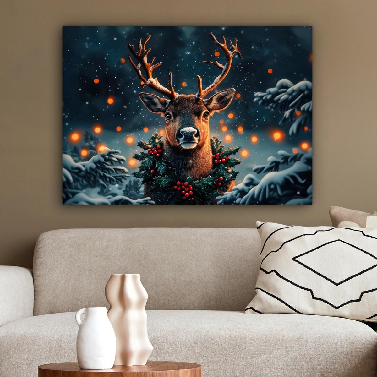 LEINWANDBILD Hirsch - Weihnachten - Winter - Schnee - Weihnachtskranz Wandbilder 80x60 cm - Dunkelbraun, Textil (80/60cm) - MuchoWow