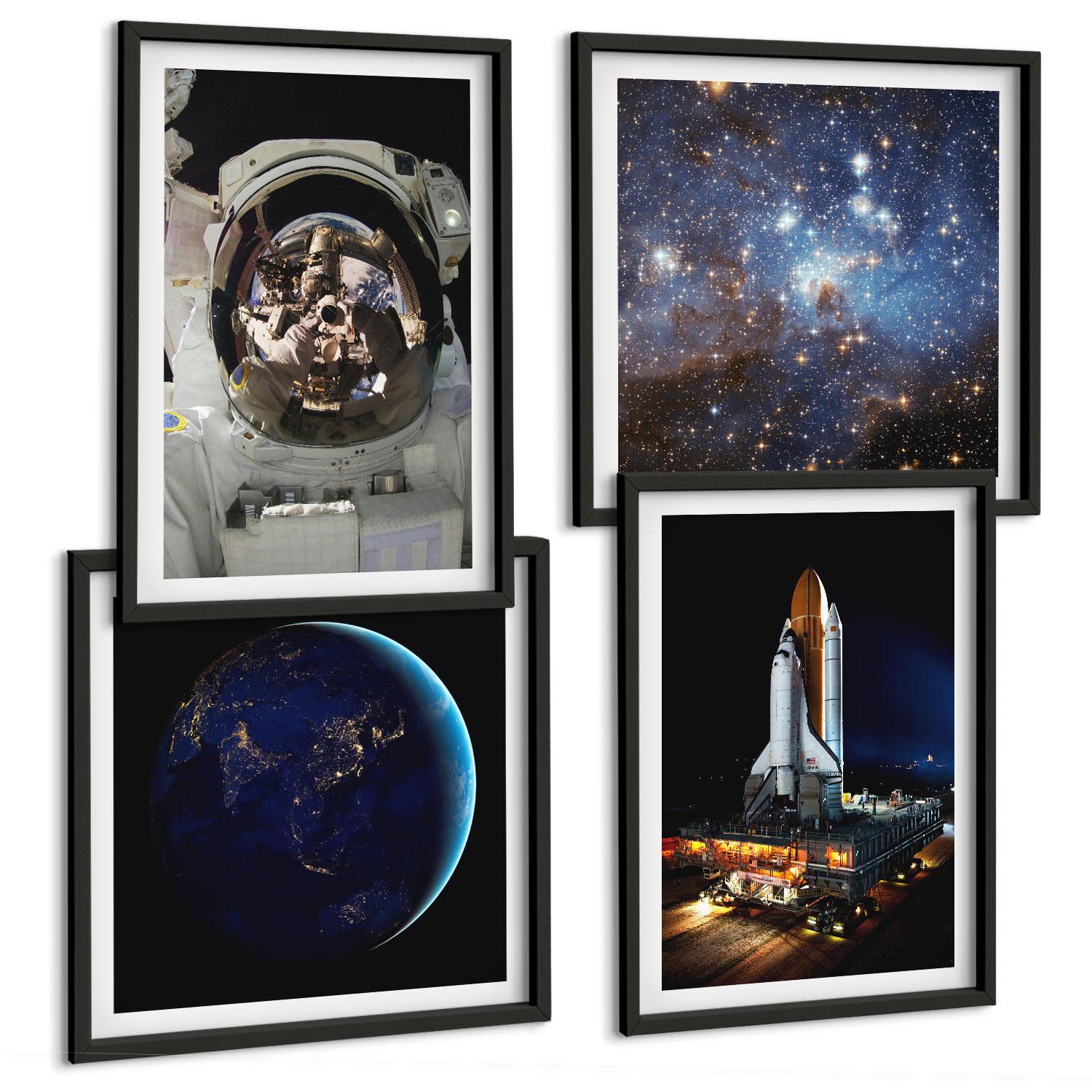 BILDER SET 4er Set - 50x50 cm & 40x60 cm Schwarzer Rahmen - Weltraum Erde Astronaut Rakete - Schwarz, Kunststoff (50/50cm) - TULUP