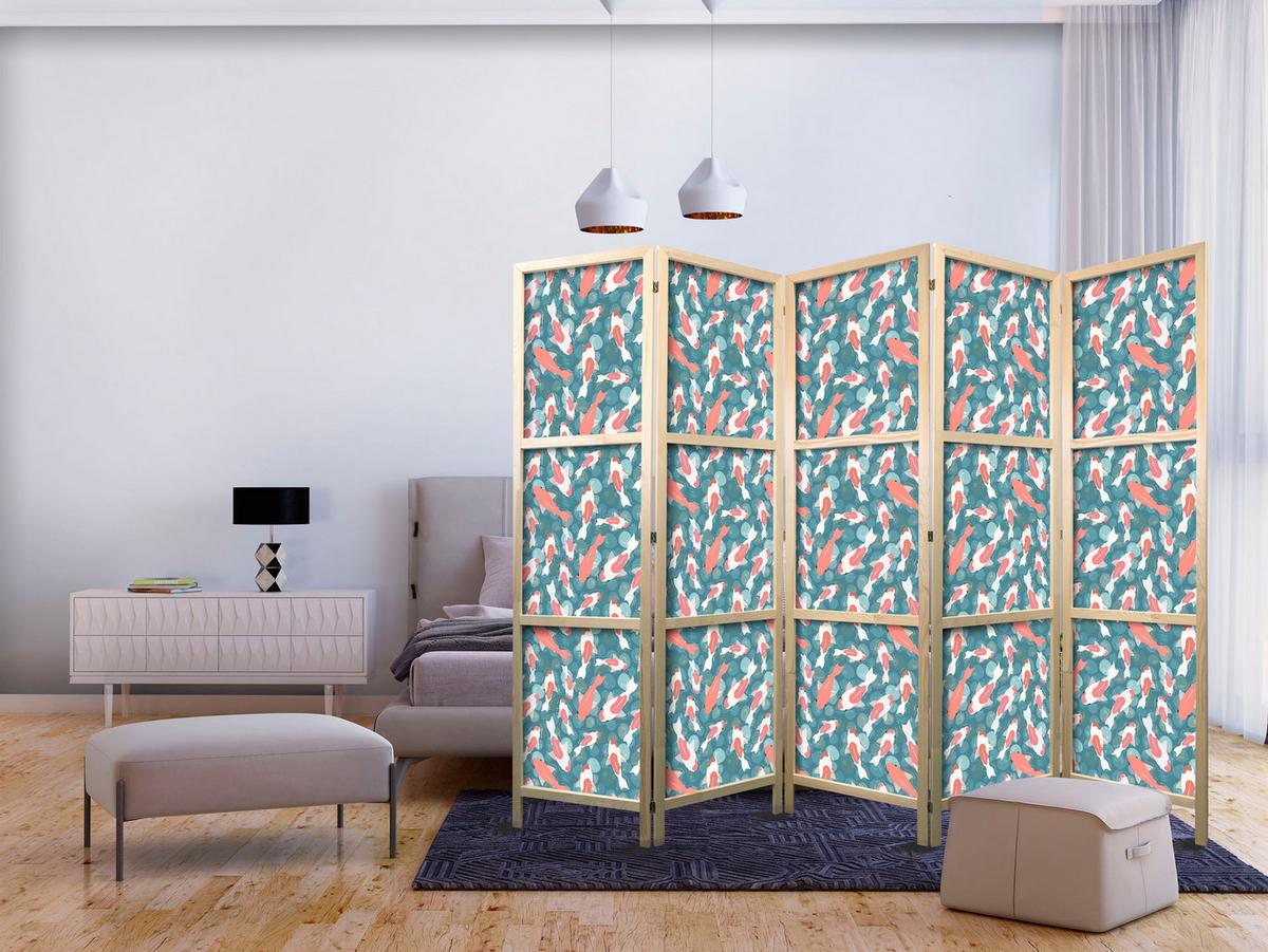 PARAVENT Japanischer 5-tlg 225x172 cm Bunte Fische - Multicolor, Holz/Textil (225/172/3cm) - Muralo