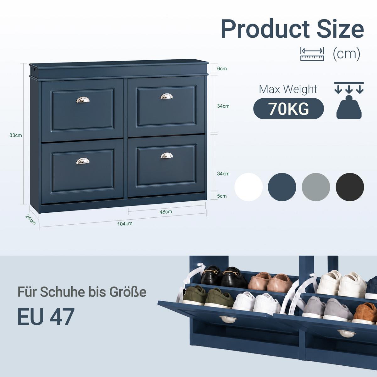 SCHUHSCHRANK blau, 104x83x24 cm, 4 Klappen für 16 Paar, bis EU 47, Schublade & Haken, bis 70 kg - Blau, Holzwerkstoff (104/83/24cm) - SoBuy
