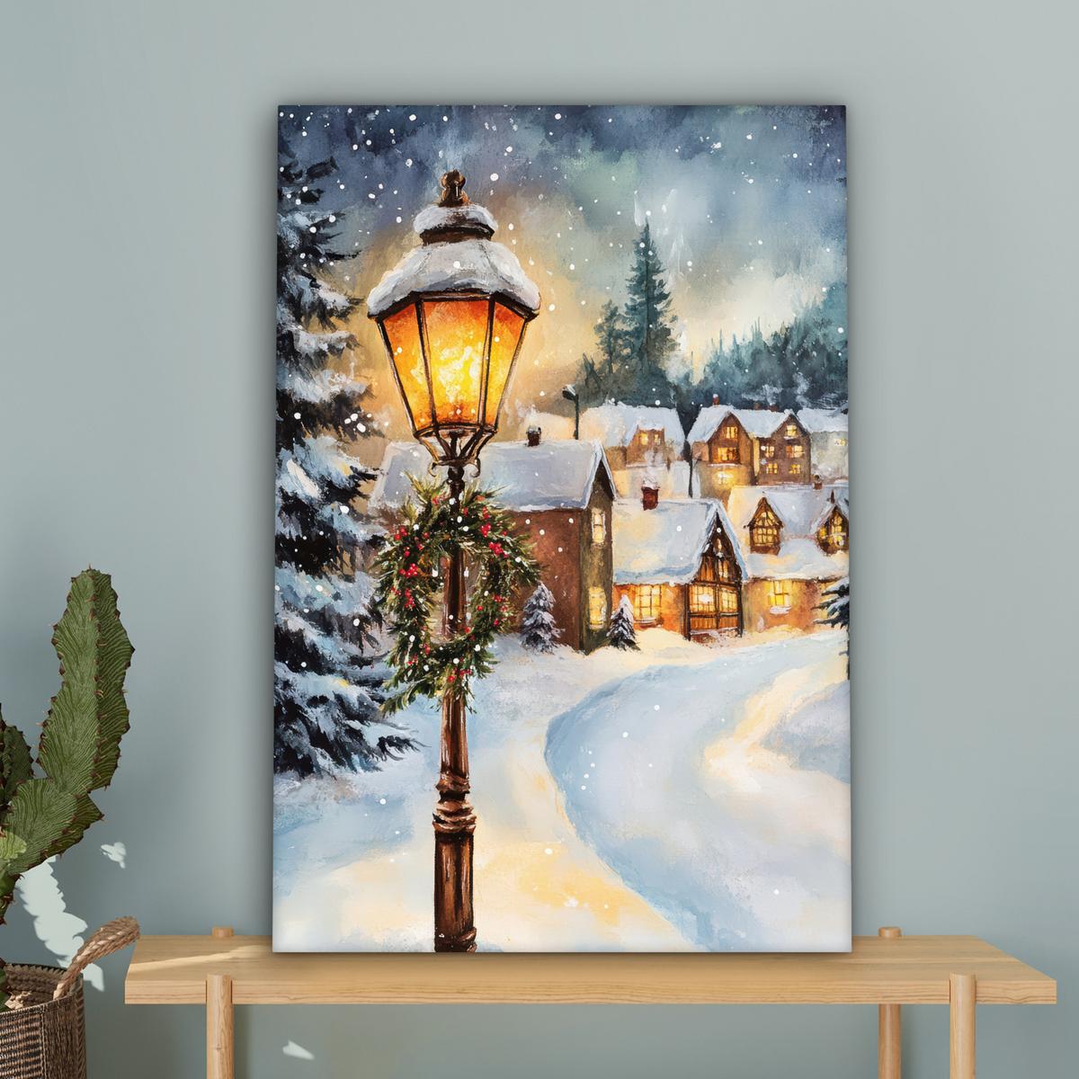 LEINWANDBILD Weihnachtsdorf - Häuser - Schnee - Weihnachten Wanddeko Schlafzimmer 60x90 cm - Sandfarben, Textil (60/90cm) - MuchoWow