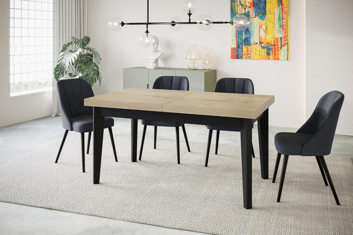 RECHTECKIGER Esszimmertisch SKANDI, ausziehbarer Tisch, Größe: 120-160X80X78 cm, Wohnzimmertisch Farbe: HALIFAX, mit Holzbeinen in Farbe Schwarz - Schwarz/Naturfarben, Holzwerkstoff (120/80/78cm) - Alpi-Möbel