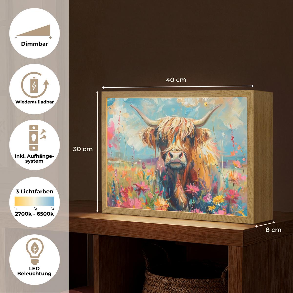 WANDLEUCHTE MIT AKKU Schottische Hochländer - Natur - Farbenfroh - Blumen 40x30 cm - Multicolor, Holzwerkstoff (40/30/8cm) - OnlyWow