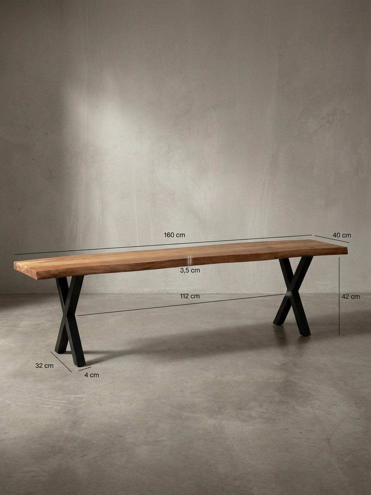 ESSZIMMERBANK Massivholz Metall Baumkante X-Beine, Akazie 160x40x46 cm - Schwarz/Braun, Holz/Metall (160/46/40cm) - KADIMA DESIGN