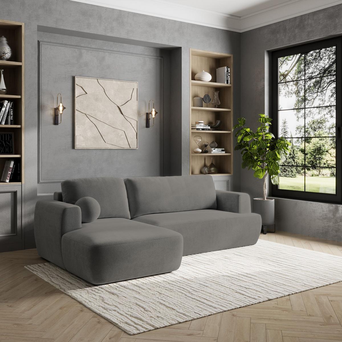 ECKSOFA SENTI K L-S Grau Plüsch-Stoff mit Schlaffunktion - Schwarz/Grau, Holz/Kunststoff (246/148cm) - MASSENO