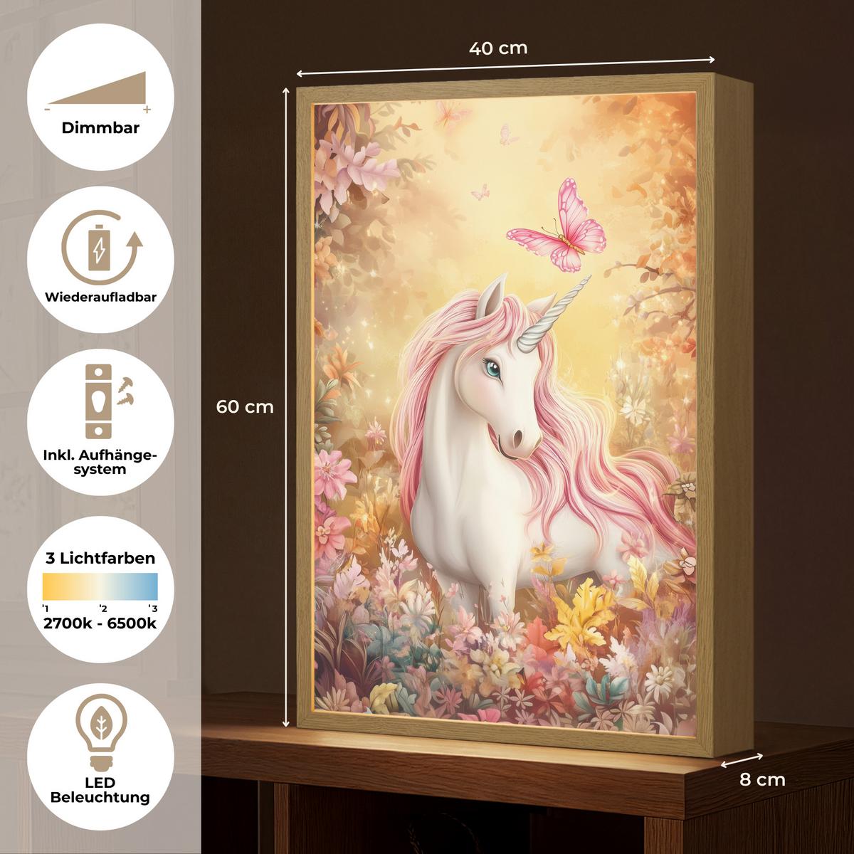 WANDLEUCHTE MIT AKKU Einhorn - Blumen - Schmetterling - Rosa 40x60 cm - Beige, Holzwerkstoff (40/60/8cm) - OnlyWow